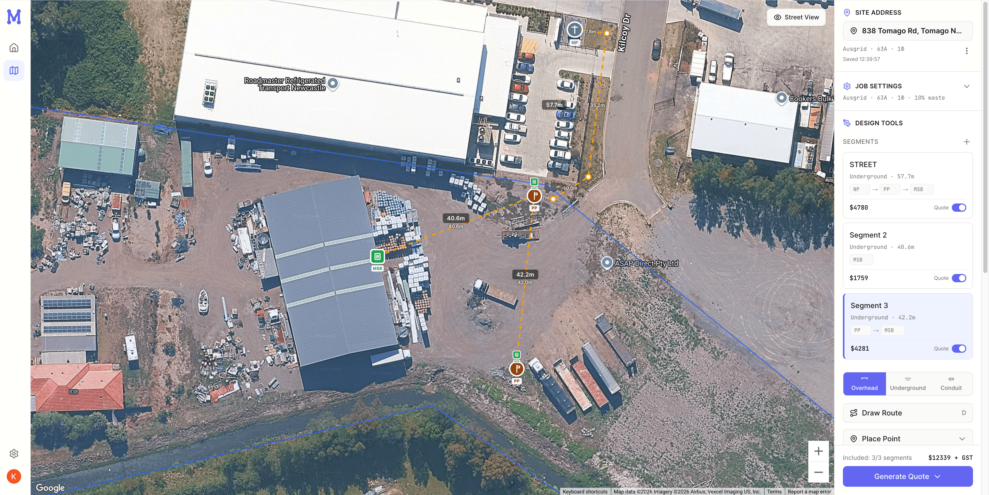 Mains design tool showing a cable route drawn over aerial imagery, with segment costs and measurements in the sidebar